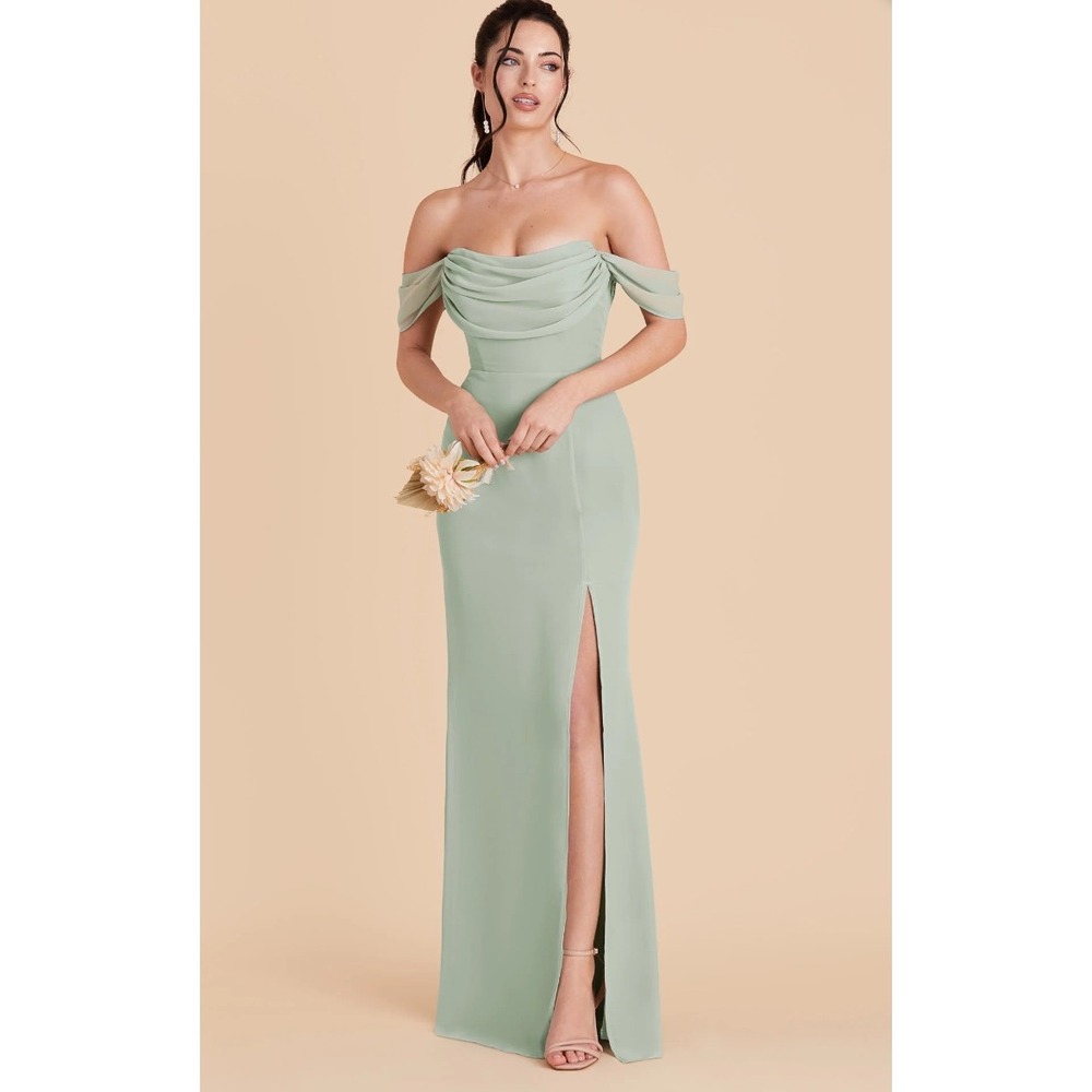 New Birdy Grey Dress Mira Chiffon Maxi Long Sage Slit Cowl Neck Drape Bridesmaid